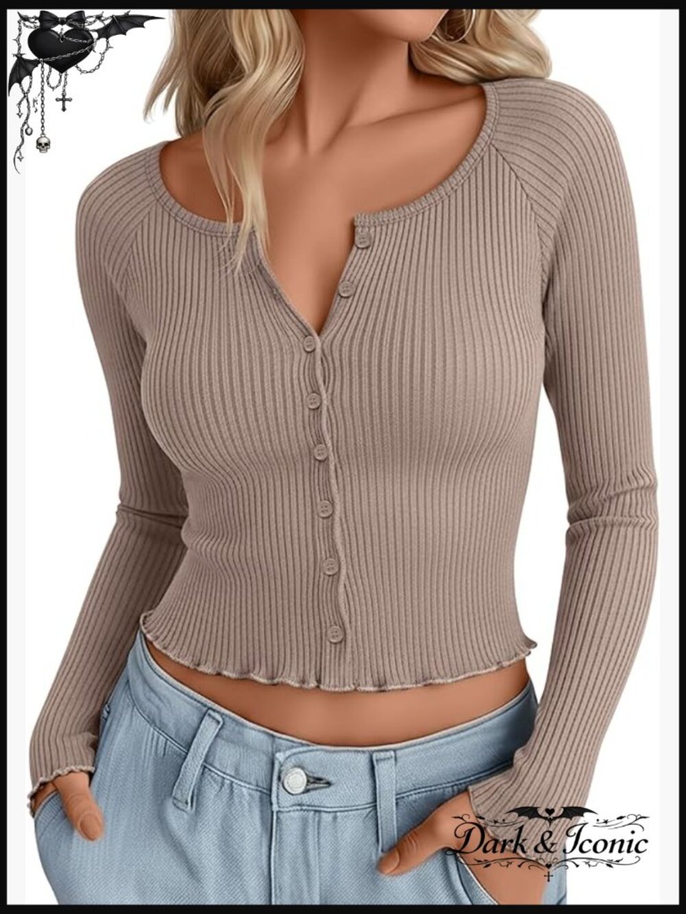 Cropped Cardigan Long Sleeve Ribbed Button Down Slim Fit Cotton Top
